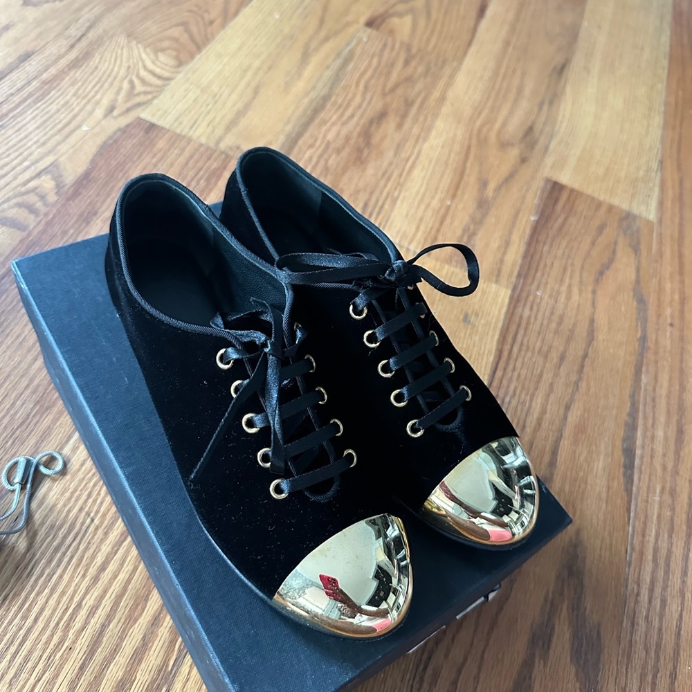 Giuseppe Zanotti Black Velvet Gold Tone Cap Toe Oxford Flats Size 37